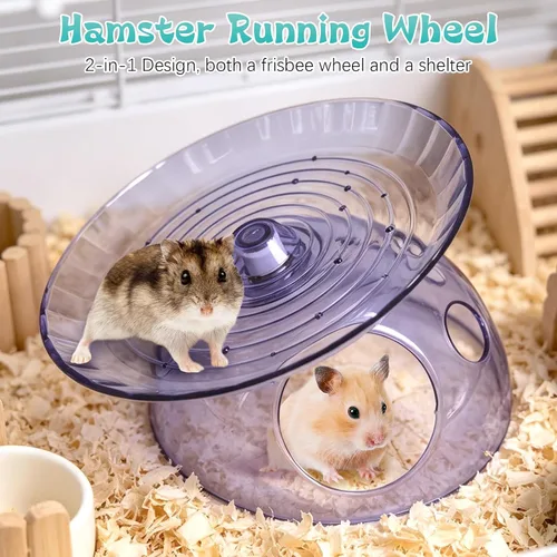 Vista 2 de Hamiledyi Platillo volador para hámster con casa escondida, rueda de hámster de plástico para animales pequeños, rueda de ejercicio silenciosa Azul