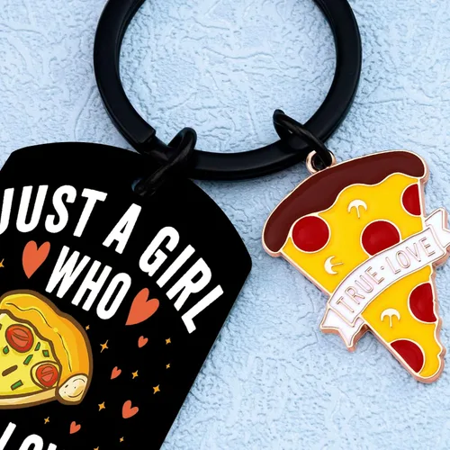 Vista 7 de Llavero con texto en inglés "Just a Girl Who Loves Pizza", regalos para niñas y mujeres, decoración divertida de comida para amantes de la pizza