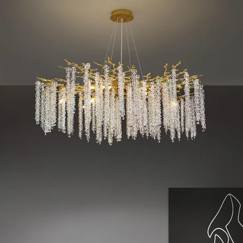 Vista 21 de Candelabro de Cristal Rama de Árbol Dorado Gota de Lluvia Redonda Lámpara Colgante con Borla Luminaria de Techo Colgante para Dormitorio Sala