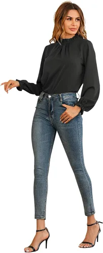 Vista 4 de LYANER Blusa de manga larga con volantes y cuello alto falso para mujer