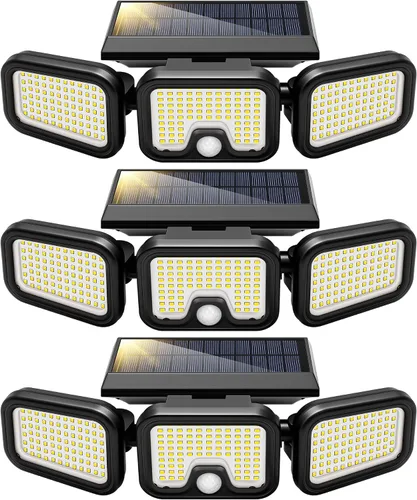 Vista 10 de VIVOHOME - Luces solares de inundación para exteriores, 256 luces LED de 2500 lm con sensor de movimiento, 3 cabezales ajustables de luces