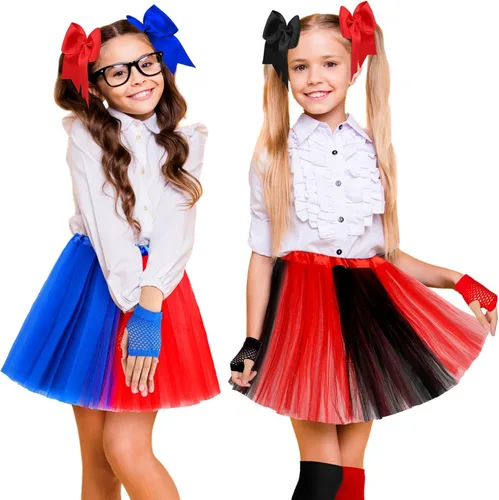 Vista 7 de Newcotte Juego de 4 disfraz de payaso de Halloween para niñas, incluye falda tutú con lazo para el pelo, guantes de red y calcetines de fútbol a