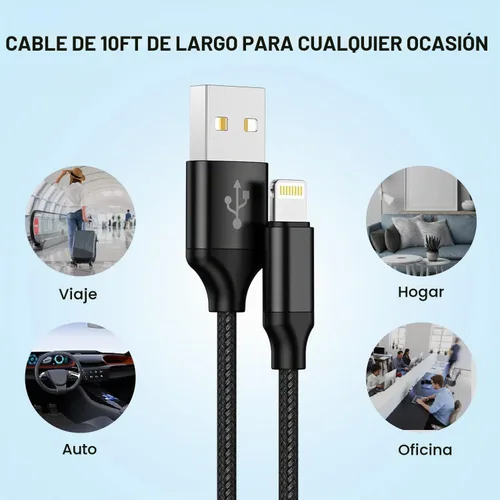 Vista 3 de Cargador rápido para iPhone, paquete de 2 cargadores de iPhone de 10 pies de 2.1 A, cargador USB de doble puerto, adaptador de enchufe con cable