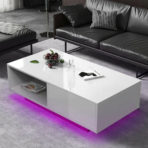 Vista 9 de COSVALVE Mesa de centro LED de alto brillo con cajón y luces LED de 16 colores, moderna mesa de centro para sala de estar con espacio de Negro
