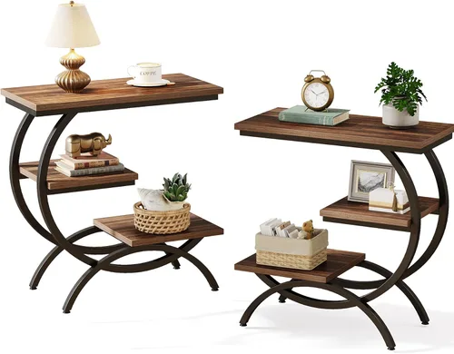 Vista 12 de Tribesigns Mesa Auxiliar en Forma de C, Mesa Auxiliar Industrial Pequeña de 3 Niveles para Sofá, Mesa de Noche de Madera Mesa Auxiliar de Aperitivos