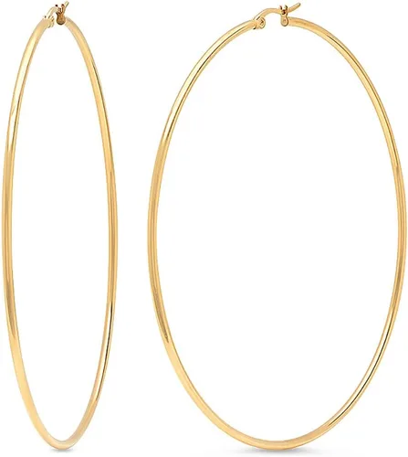 Vista 2 de Maravillosos aretes con forma de argolla de acero inoxidable, en tono oro amarillo de 3.5 pulgadas, 90 mm de diámetro