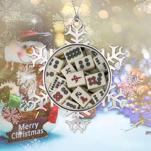 Vista 5 de Divertido adorno de Navidad copo de nieve redondo colgante recuerdo de Navidad Mahjong patrón de recuerdo de metal regalo de árbol de Navidad