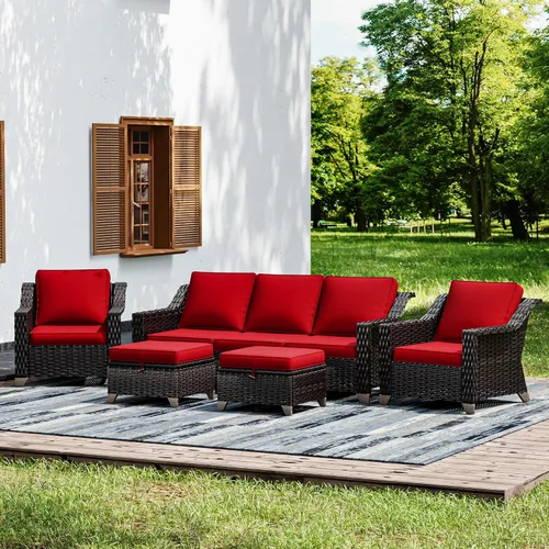 Vista 65 de Joyside Juego de 2 sillas de mimbre para patio, muebles de ratán para exteriores con reposabrazos anchos y cojines gruesos, tamaño grande mejorado