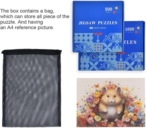 Vista 7 de Rompecabezas de madera de 500 piezas con estampado de flores de hámster, con bolsa de almacenamiento con partición del alfabeto, fácil de resolver