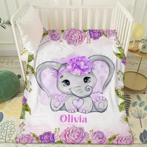 Vista 3 de Manta de franela personalizada con nombre de elefante bebé para niñas y niños, regalo divertido y significativo para todas las estaciones