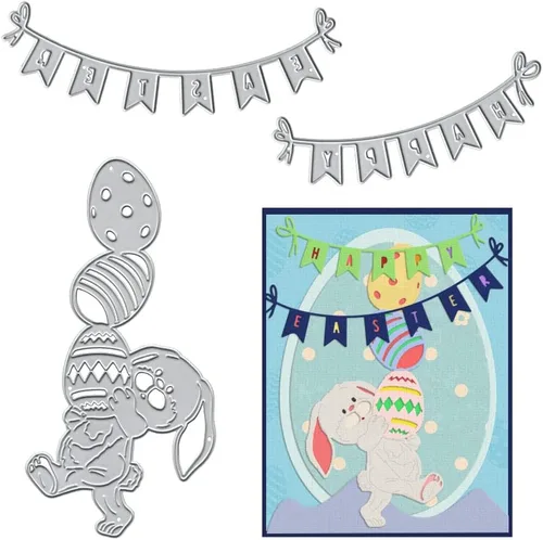 Vista 6 de Troqueles de metal para hacer tarjetas, conejo de Pascua, conejo, flor, corazón, globo, palabras, troqueles de corte para decoración de bricolaje