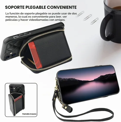 Vista 5 de Bocasal Funda tipo cartera tipo bandolera para iPhone 11, color negro