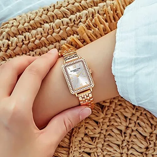 Vista 8 de VICTORIA HYDE Relojes para mujer, esfera de nácar verde, correa de cuero auténtico, caja rectangular clásica