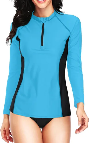 Vista 5 de Daci Traje de baño de manga larga para mujer, con cremallera frontal, protección solar, cuello redondo, sin parte inferior