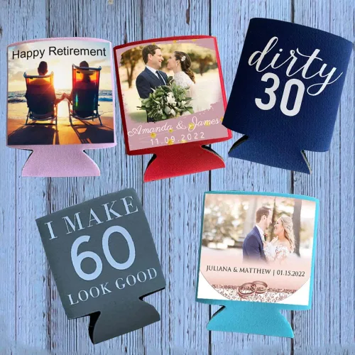 Vista 3 de Enfriador de latas de boda personalizado, mangas enfriadoras de latas de cerveza personalizadas para aniversario, regalo de cumpleaños, recuerdo