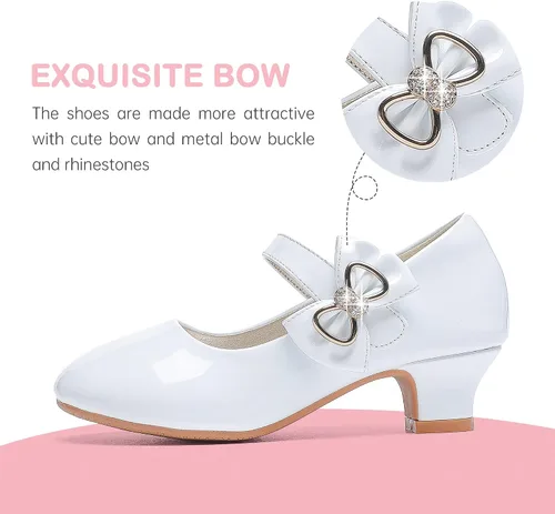 Vista 4 de Dufannie Zapatos de vestir para niñas, zapatos de tacón bajo de princesa, zapatos planos con purpurina para bodas y fiestas