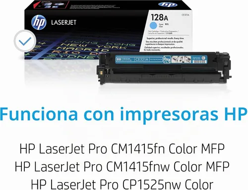 Vista 2 de HP Cartucho de tóner cian 128A Funciona LaserJet Pro CM1415 Color, serie de colores CP1525 CE321A