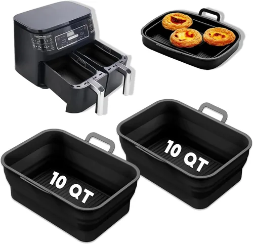 Vista 7 de Paquete de 2 sartenes plegables de silicona para freidora de aire para NINJA Foodi Dual de 8 y 10 cuartos, olla de cesta rectangular reutilizable