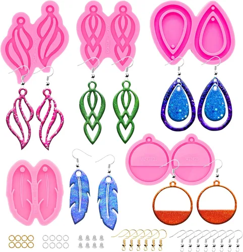 Vista 8 de Kit de 103 moldes de resina para aretes de bricolaje – Gota de lágrima/cuadrángulo/molde de silicona con forma de círculo retro, molde de fundición