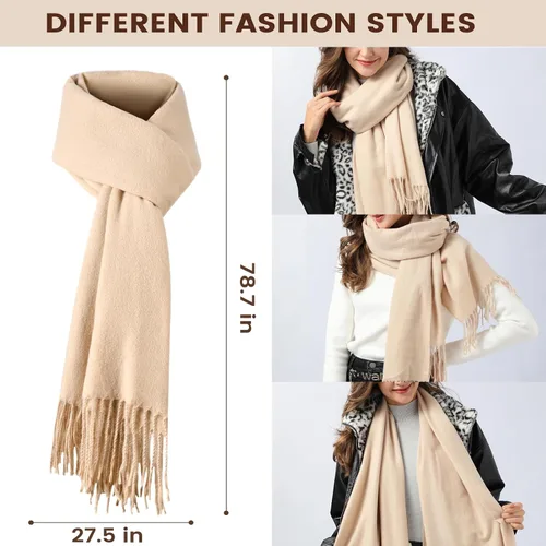 Vista 5 de Conjunto de gorro de invierno para mujer + bufanda larga + guantes para pantalla táctil, conjunto de ropa cálida con forro polar de punto