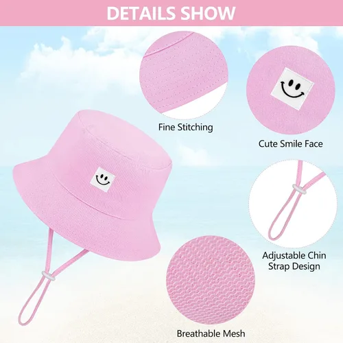 Vista 2 de Cooraby Paquete de 4 sombreros de sol para bebé, transpirable, con sonrisa, sombrero de cubo protector solar para bebé, gorra ajustable para bebé