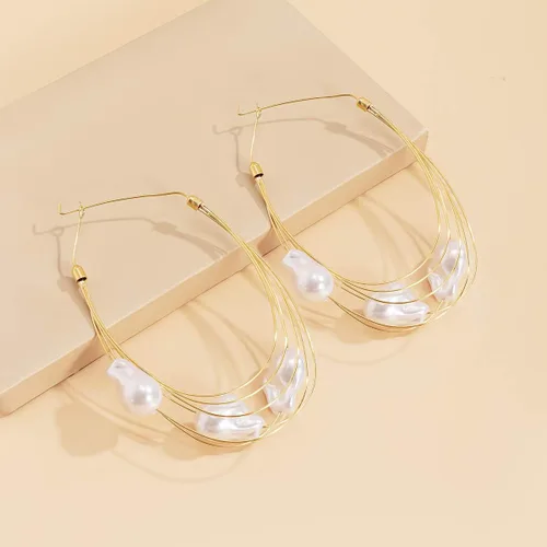 Vista 4 de JUMWRIT Delicados aretes colgantes grandes de oro con perlas para mujeres y niñas