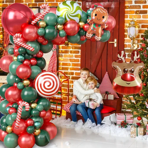 Vista 5 de Kit de Guirnalda de Globos de Navidad, 108 Piezas Globos Retro Verde Oscuro Rojo Oro Arco con Globos 4D, Globos de Caramelo en Forma de Bastón