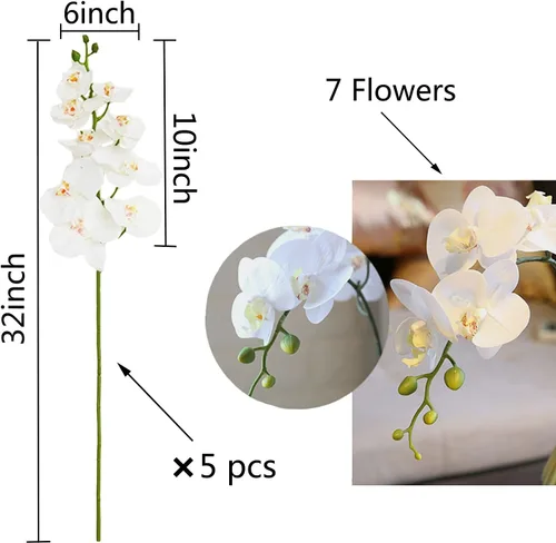 Vista 2 de FagusHome Flores artificiales de Phalaenopsis de 32 pulgadas, 5 piezas de orquídeas artificiales para decoración del hogar