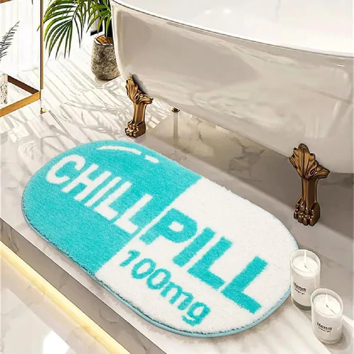 Vista 2 de RORA Alfombra de Baño Divertida y Bonita Chill Pill Azul Pequeña Alfombras de Baño Preppy Decoración de Baño Estética Alfombra de Baño