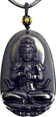 Vista 4 de Collar con dije de Buda. Collar con amuleto talismán Bodhisattva de Buda, de obsidiana., sin metal, 0580