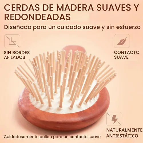 Vista 5 de Cepillo de pelo de madera, cerdas de madera redondeadas, antiestático, fabricado en Alemania Rounded wooden bristles massage the scalp