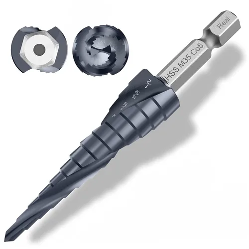 Vista 16 de Broca de cuatro Sprial Flauta M35 de cobalto, 1/4"-1-1/8" Ultra TiAIN recubierta Unibit broca, broca de vástago hexagonal de 1/4" para metal, acero