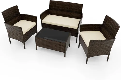 Vista 9 de RELAX4LIFE Juego de muebles de patio de 4 piezas – Juego de muebles de ratán para conversación al aire libre con cojines, mesa de centro de cristal