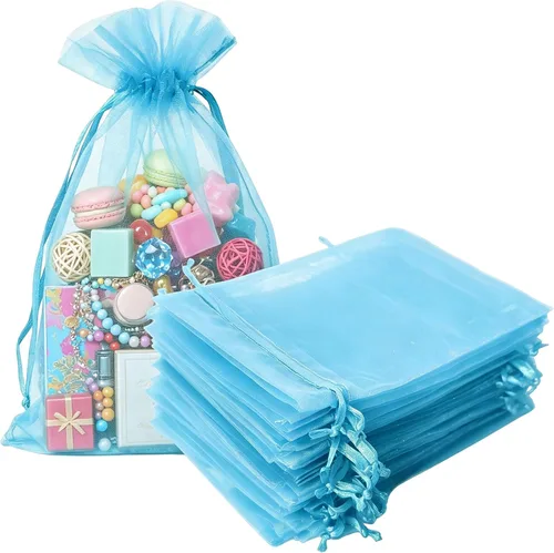 Vista 29 de Bolsas de regalo de organza de 4 x 6 pulgadas con cordón para joyas, dulces, paquetes de 50 bolsas de té de tela transparente azul aguamarina