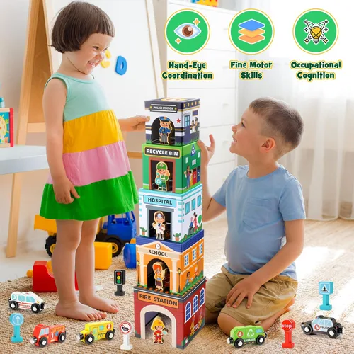 Vista 4 de Juguetes apilables para bebés pequeños, autos magnéticos de madera y clasificación de garaje, ayudantes comunitarios de aprendizaje educativo