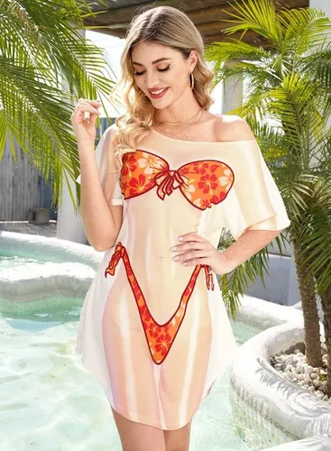 Vista 9 de Spadehill Traje de baño holgado de manga corta con estampado de bikini para mujer