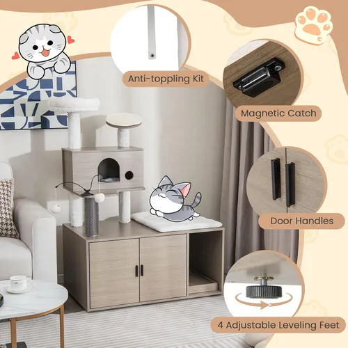 Vista 5 de Tangkula Árbol para gatos con caja de arena, torre para gatos con caja de arena, condominio para gatos, tabla de rascar, perca de felpa suave, bolas