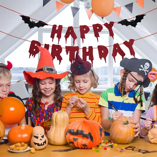 Vista 4 de Cartel rojo brillante de Halloween de Feliz Cumpleaños – Guirnalda de papel colgante de Halloween Banderines Banner Bloody Bat Vampire Decoraciones