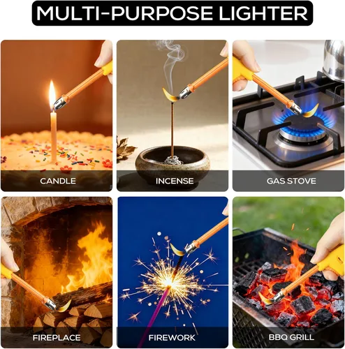 Vista 6 de Encendedor de velas de cuello largo ajustables, encendedor de gas butano, encendedor de plástico recargable, encendedor de cocina (paquete de 5)