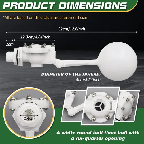 Vista 2 de Válvula flotante desmontable de 3/4, válvula de flotador de agua de plástico blanco con brazo ajustable para control de nivel de agua para estanque