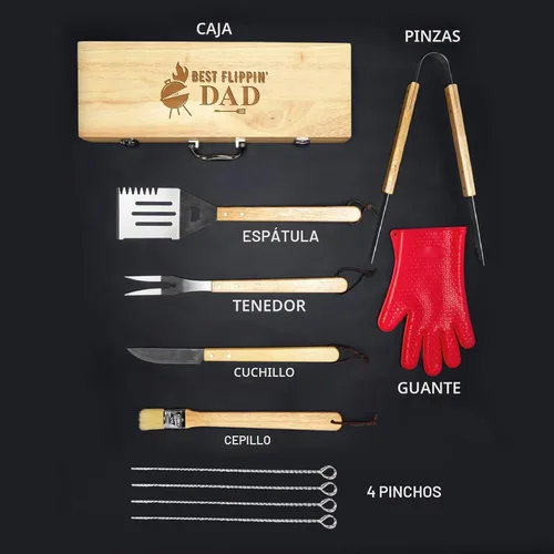 Vista 5 de Juego de parrilla BBQ de 11 piezas con caja de madera de arce grabada, herramientas de barbacoa de acero inoxidable premium con mangos de madera