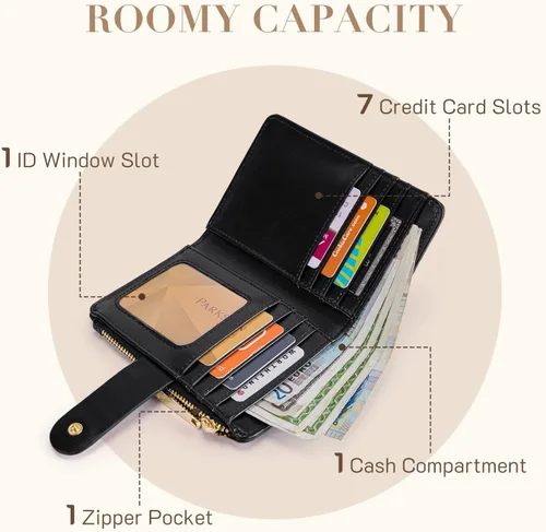 Vista 3 de Missnine Billetera pequeña para mujer RFID compacta cartera de cuero vegano plegable para mujer con tarjetero y monedero, Negro (Solid-Black)