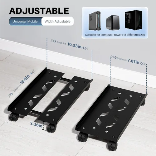 Vista 2 de Soporte de torre de computadora móvil, soporte de torre de metal ajustable, soporte de piso de PC con 4 ruedas giratorias de bloqueo, soporte de CPU