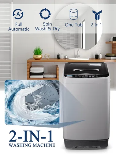 Vista 4 de KRIB BLING Lavadora completamente automática de 17.7 libras con pantalla LED, bomba de drenaje portátil para lavadora, 10 programas y 8 niveles
