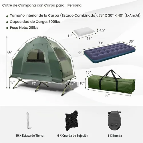 Vista 7 de Tangkula Combo de Catre de Tienda 5 en 1 con Toldo, Colchón de Aire, Saco de Dormir, Almohada, Tienda Individual Elevada con Bolsa de Transporte