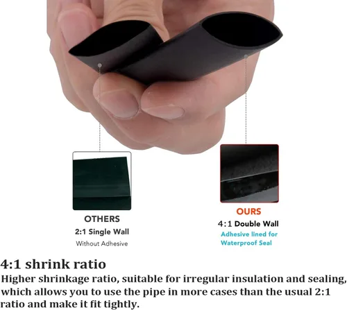 Vista 3 de Tubo termorretráctil 4:1 adhesivo impermeable con pegamento de doble pared negra termocontraíble (1 a 65 pies)