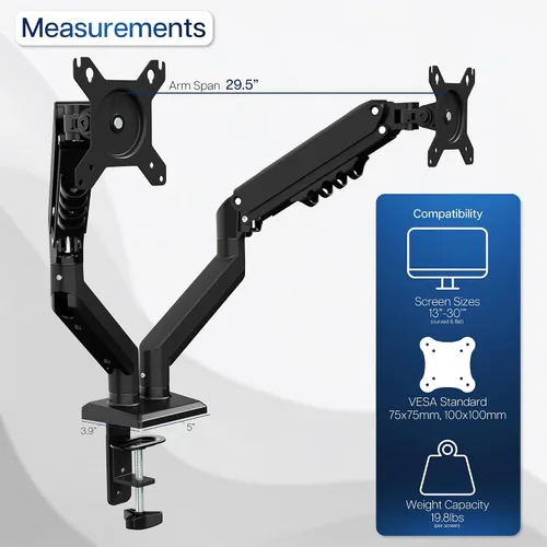 Vista 4 de VIVO - Brazo de resorte neumático articulado negro, con abrazadera para soporte de escritorio Se adapta a pantallas de monitor de 17 a 27" con Max