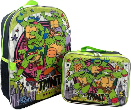 Vista 8 de Ruz Group - Mochila con licencia para niños de 16 pulgadas con lonchera extraíble, Verde, multi color, Tortugas Ninja