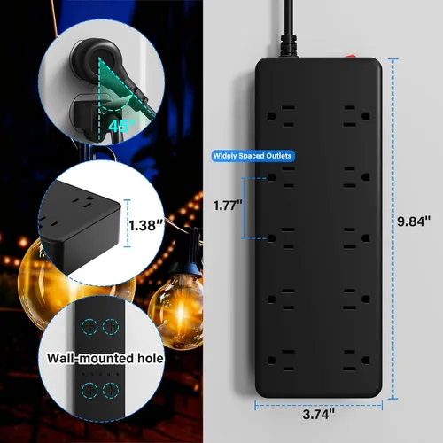 Vista 5 de Tira de alimentación para exteriores de 6 pies, protector de sobretensiones impermeable IPX6, 10 salidas de CA ampliamente espaciadas, cable