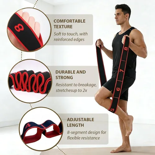 Vista 2 de Bandas de resistencia de fitness con asas para estiramiento y yoga, banda elástica de entrenamiento de 8 secciones con marcas claras, bandas
